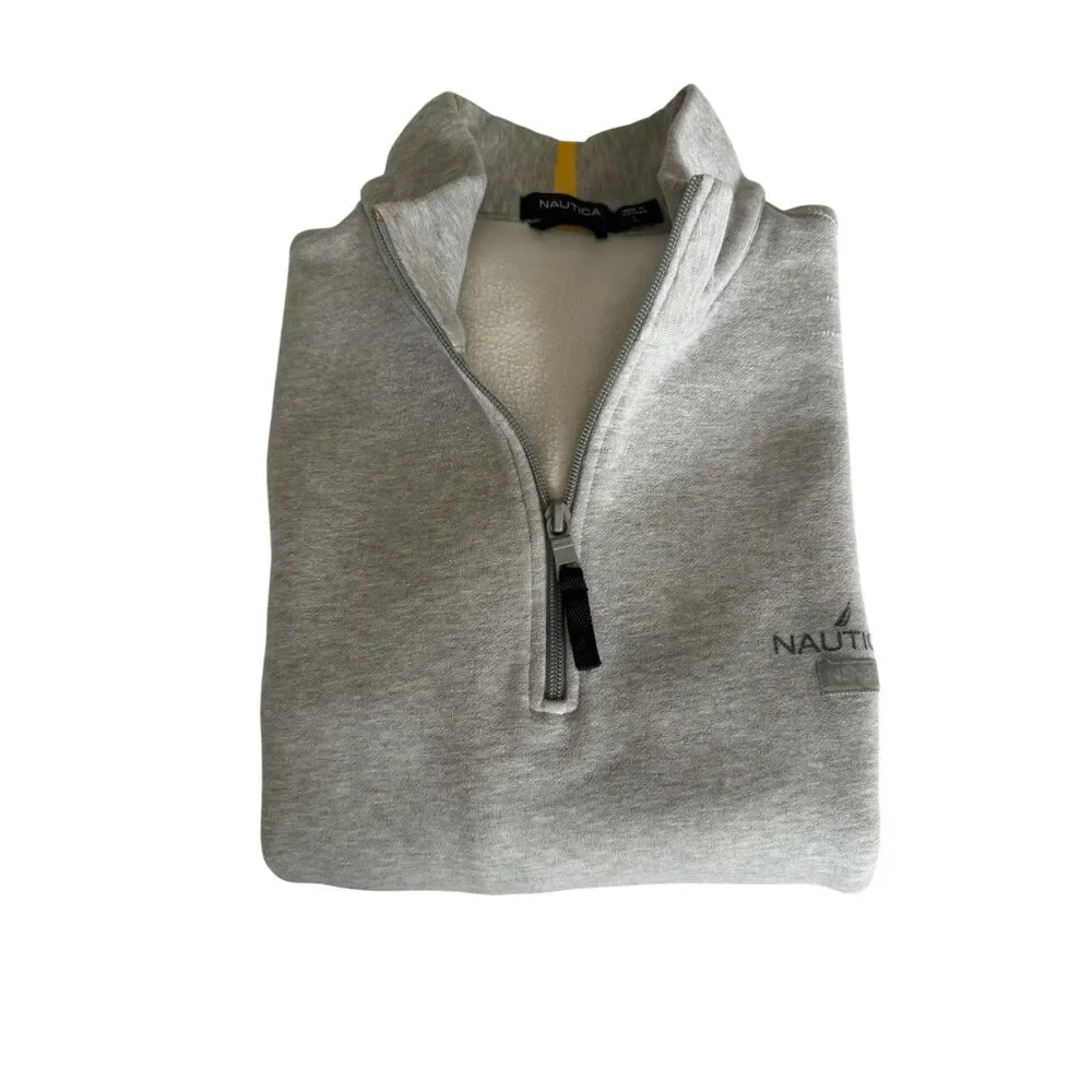 Nautica Men's Size Large Quarter-Zip Sweatshirt Pullover Grey Navy Side Stripe N